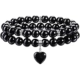 Jovivi 2pcs Healing Crystal Beaded Bracelets for Women,8mm Natural Gemstones Amethyst Stone Bracelet,Anxiety Stress Relief Heart Charm Bracelet Handmade Jewelry Gifts for Her