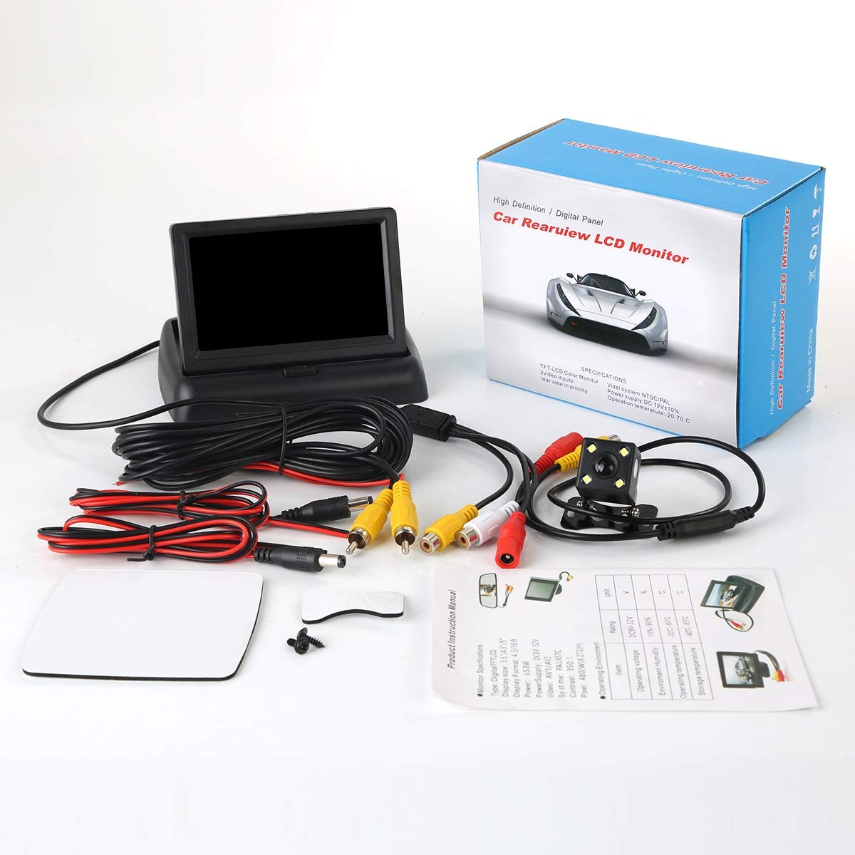 DEALPEAK Car 4.3" Universal LCD Foldable Monitor + Wired 170° Rear View Night Vision Parking Reversing Camera Car Dash Cam