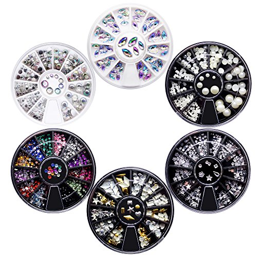Homgaty Acrylic Nail Art Rhinestones Set, 6 Pack Nail Wheels Colourful Decoration Accessories For Girls, Mixed Size 3D Glitter Nails With Pick Up Pencil and Tweezer