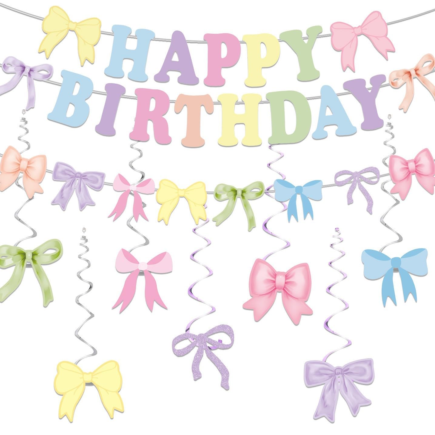 32 Pieces Birthday Party Decorations Set - Happy Birthday Banner with Bunting Flags and Bow Garlands - Colorful Party Decor for Girls Kids Room Wall Decoration (Colorful)