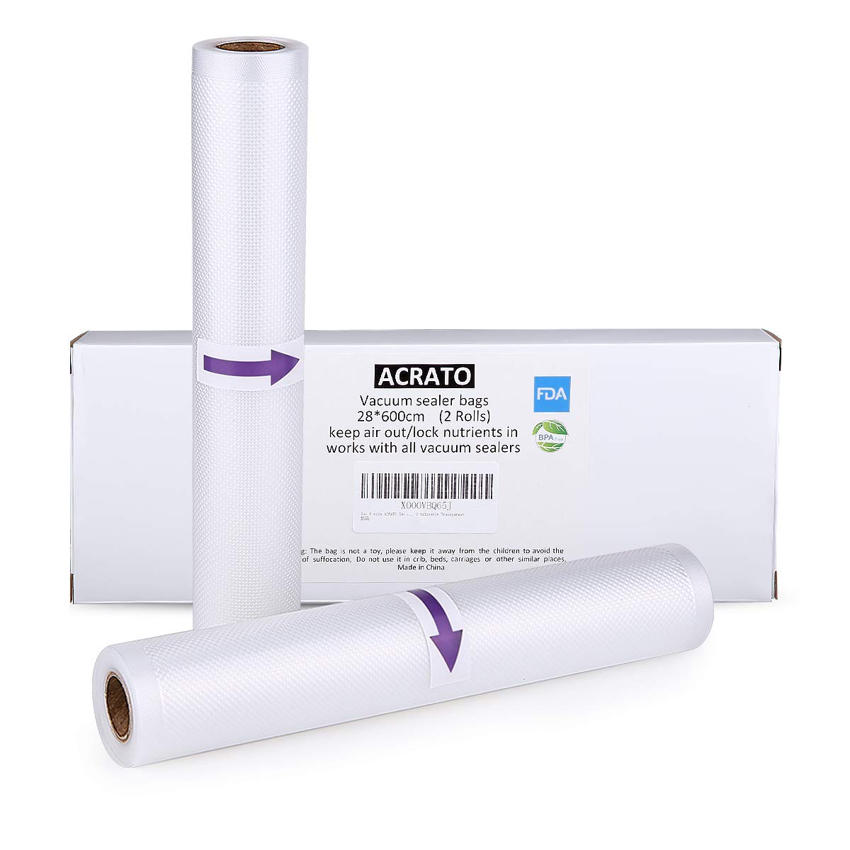 Vakuumierbeutel ACRATO Vakuumbeutel Vakuumrollen 28 cm x 300 cm, 2 Rollen Folienbeutel Strukturbeutel für alle Vakuumiergeräte, Einfrieren Mikrowellen und Sous Vide Verwendbar Transparent