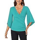 KIFOVEN Women’s 3/4 Bell Sleeve Tee Shirt Deep V Neck Wrap Ruched Slim Fit T Shirt Blouse Top Turquoise Small