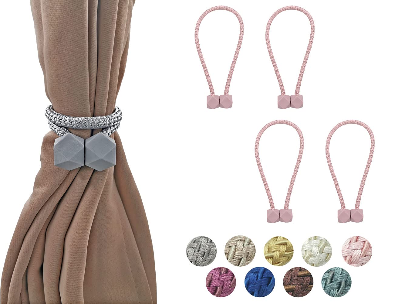 HYX 4 Piece Magnetic Curtain Tiebacks Holdbacks, Modern Curtain Tieback Clips, Curtain Rope Holder Tie Backs, Decorative Hold Backs for Home Office Decoration (Pink)