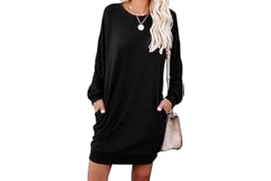 PrinStory Women's Long Sleeves Dresses Causal Loose Round-Neck Tuinc Tops Basic Dress with Side Pockets
