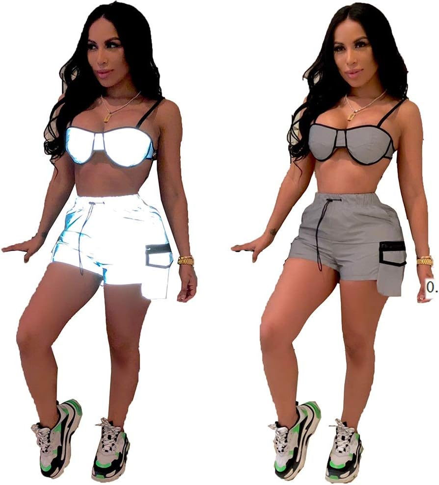 NOLLY Women Fashion Reflective Tracksuit Summer Women's Nightclub Style Suspenders Tops Shorts Two-piece Reflective Suit Gray Club Festival Outfit Tracksuit Joggers (Color : Gray, Size : L)