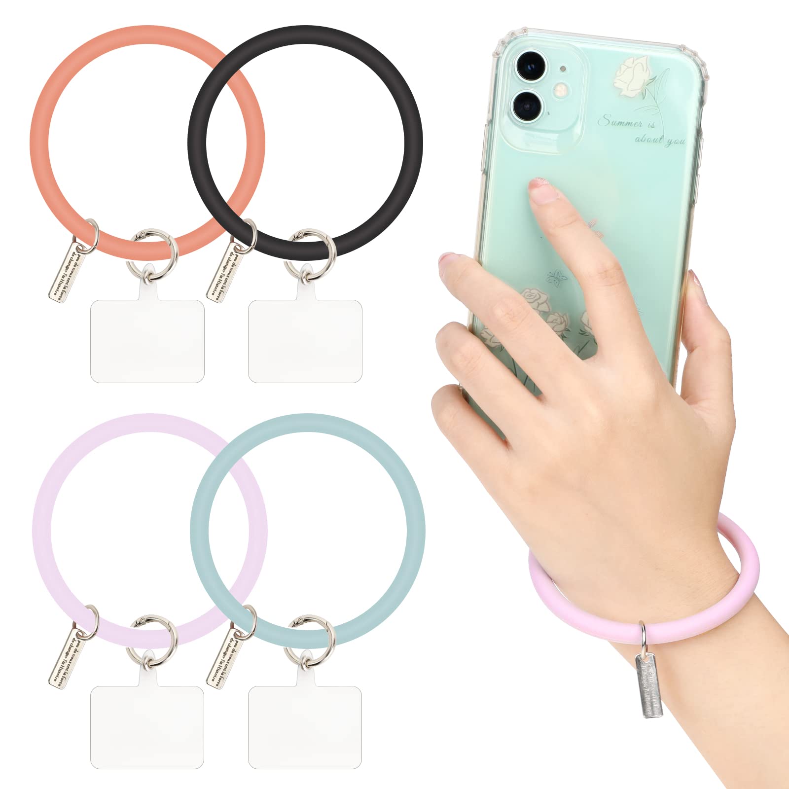 OOTSR 4 Packs Cell Phone Lanyard Universal, Silicone Bracelet Wrist Strap for Key, Rubber Ring Anti-Drop Phone Grip Compatible with Most Smartphones with Full Coverage Case