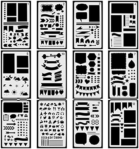 Loverly Bullet Journal Stencils Plastic Planner Stencils Painting Set Drawing Template Stencils for Drawing Graffiti/Letter/Notebook/Scrapbook/Planner and Craft Projects (12 pack)