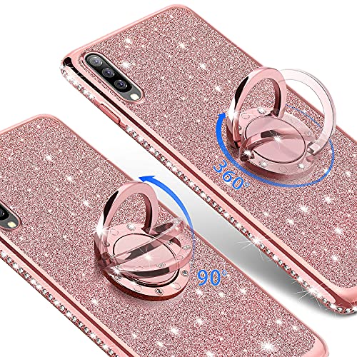 Uposao Cover Compatibile con Galaxy A50 Custodia Glitter Bling Brillantini Diamond Placcatura in Silicone TPU Cover Morbida con Supporto ad Ring Anello Stand,Trasparente