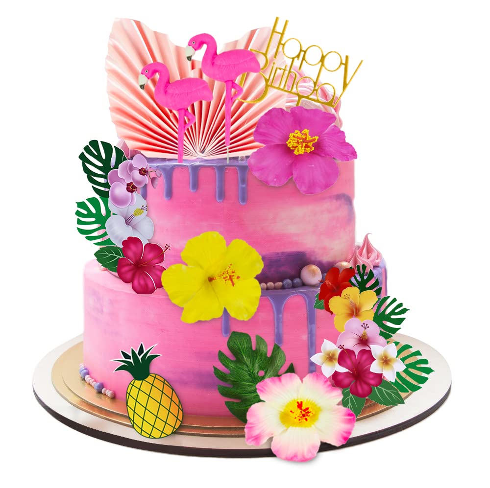Photo 1 of 12 PCS Flamingo Cake Toppers Flamingo Palm Leaves Hibiscus Flowers Hawaiian Cake Decorations for Tropical Luau Themed Birthday Wedding Party Supplies
