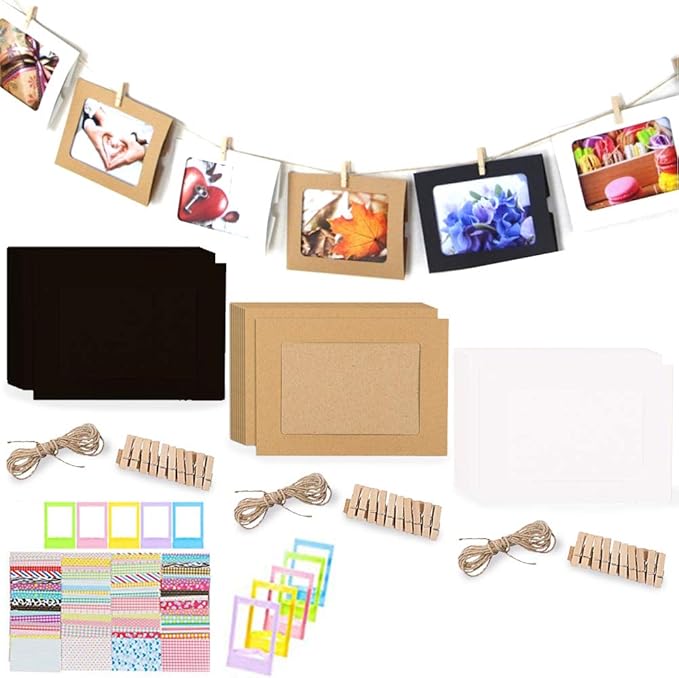 WLHFDC Fotogirlande Mit 40 Rahmen & Holzklammern - DIY Wanddeko Für Fotos