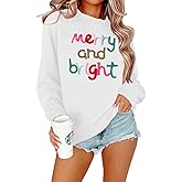 MOUSYA Oversized Christmas Pullovers Women Merry Bright Colorful Letter Printed Sweatshirt Christmas Long Sleeve Sweatshirt