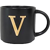 COLLECTIVE HOME - Monogram Ceramic Mugs, 15 oz Golden Initial Black Coffee Cups, Elegant Alphabet Tea Mugs, Elegant Personalized Mug with Gift Box, Unique Mug with Double Side Capital Lette (V)