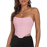 Women's Vintage Strapless Open Back Boned Mesh Bustier Zip Back Corset Bodyshaper Crop Top