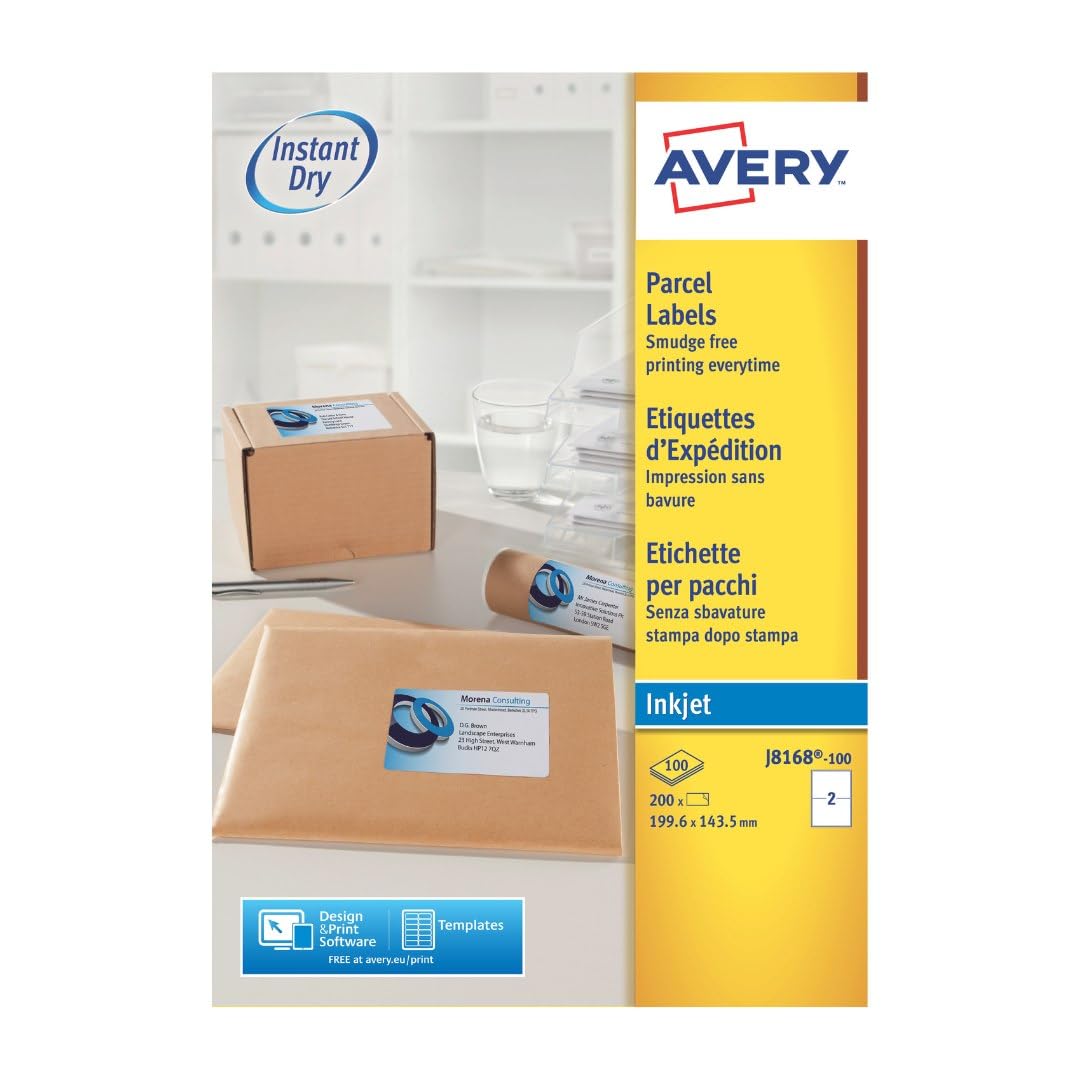 Avery Printable, Customisable Parcel Shipping Labels, Inkjet Printers, 2 Labels Per A4 Sheet, 200 Labels, Quickdry (J8168), White, 100 Sheets
