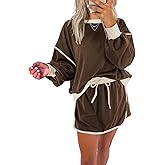 miduo Womens Color Block Casual Long Sleeve Sweatshirt and Drawstring Mini Skirt Matching Sets 2 Piece Skirt Set