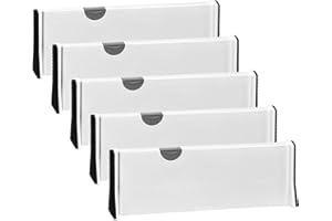 JONYJ Drawer Dividers Organizer 5 Pack, Adjustable Separators 4" High Expandable from 11-17" for Bedroom, Bathroom, Closet,Clothing, Office, Kitchen Storage, Strong Secure Hold, Foam Ends（White）