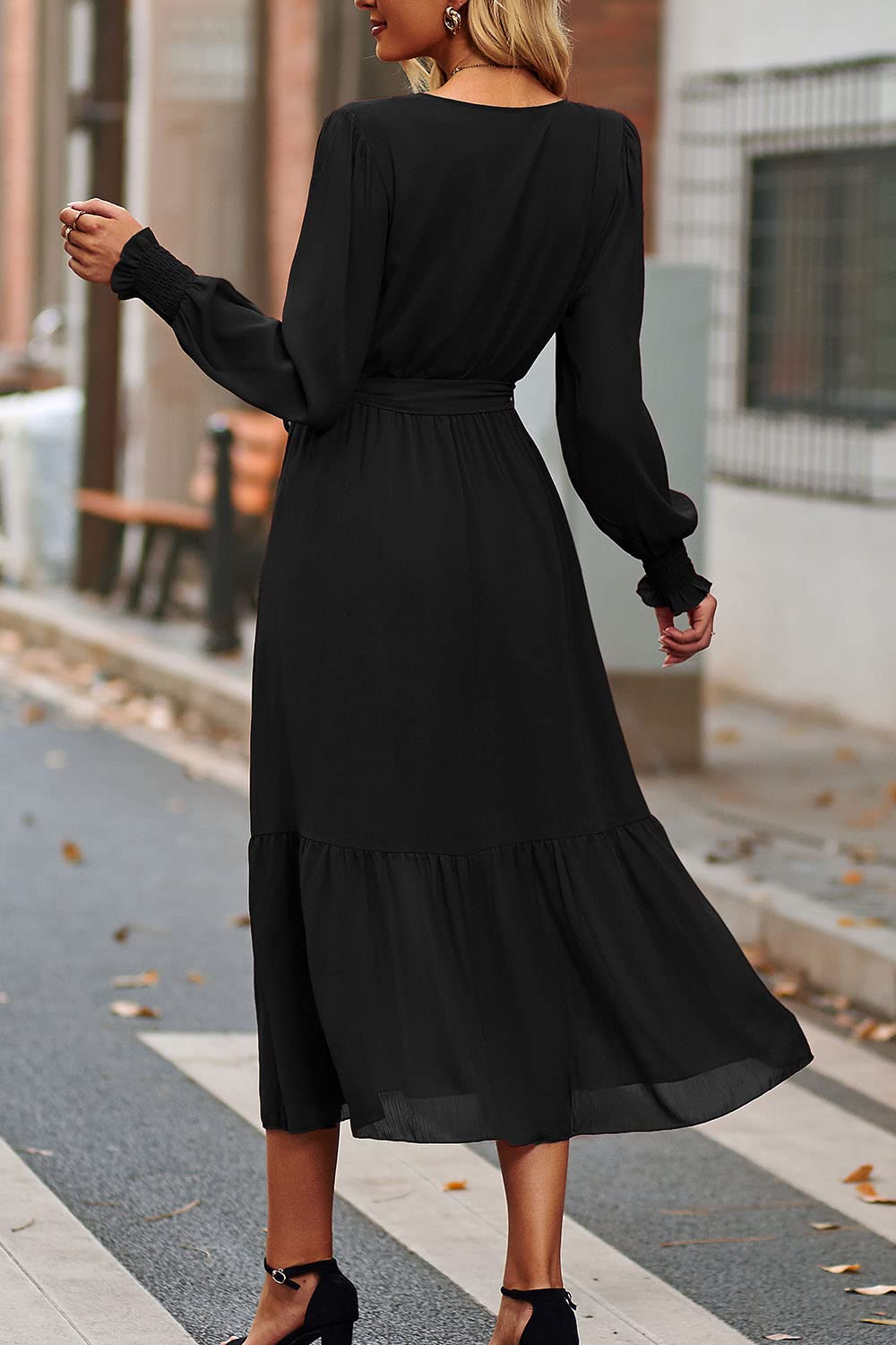 PRETTYGARDEN Women's Floral Boho Dress Fall Long Sleeve Wrap V Neck Ruffle Flowy Maxi Spring Wedding Guest Vacation Dresses