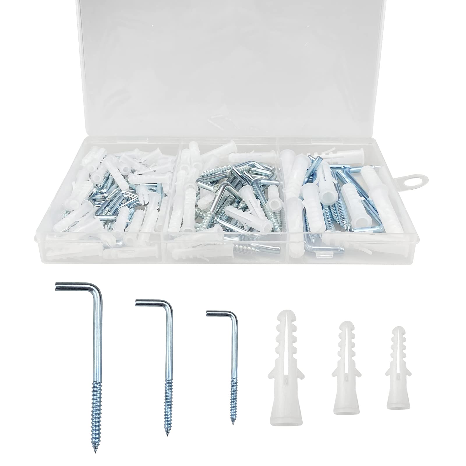 Boloest 60pcs Screw Hook Carbon Steel Galvanized L Shaped Hook Self Tapping Right-Angle Metal Screw Hook Square Heavy Shouldered Dresser Screw Cup Hook, for Indoor Outdoor Hanging(Silver)