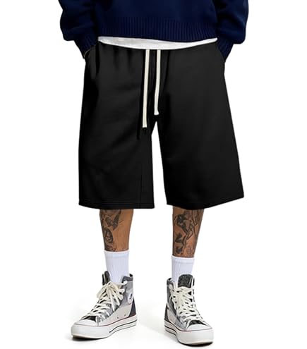 JMIERR Men's Baggy Sweat Shorts Below Knee Drawstring, Black, S