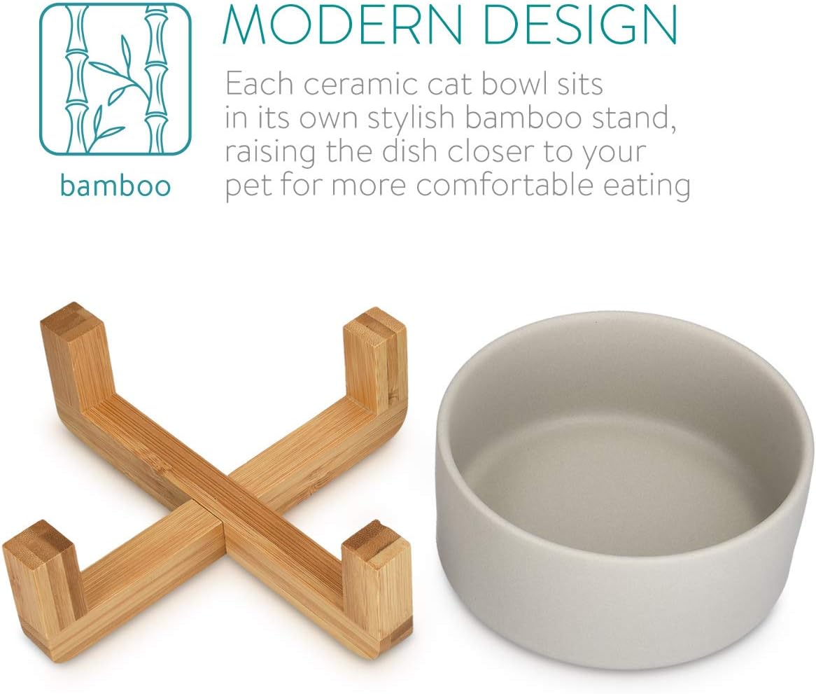 Navaris Ceramic Elevated Cat Bowls, Raised Double Food and Water Bowl Set for Cats and Small Dogs with Wood Stands - Image 4
