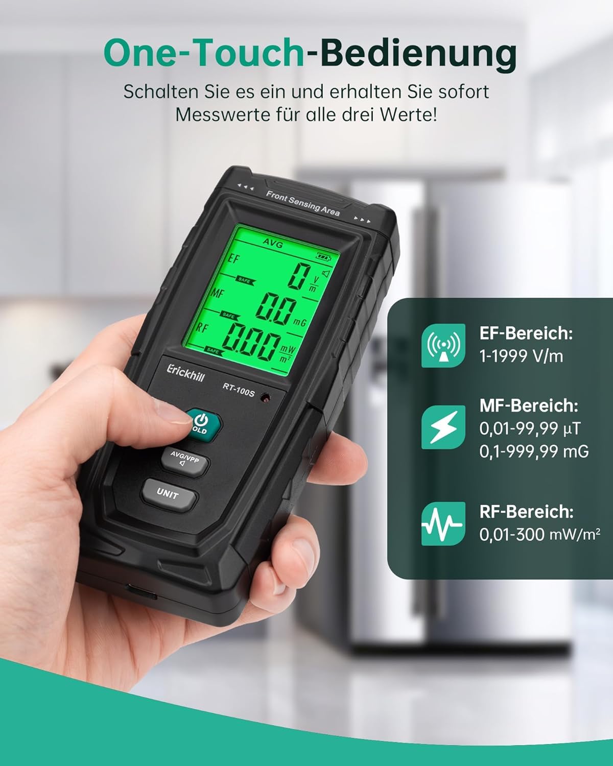 ERICKHILL EMF Messgerät RT-100S, EF/MF/RF-Prüfung, wiederaufladbarer magnetfeld, digitaler/Grafik-Dual-Interface-Strahlungsdetektor, digitaler LCD-Bildschirm, für Zuhause, Büro, Outdoor 2