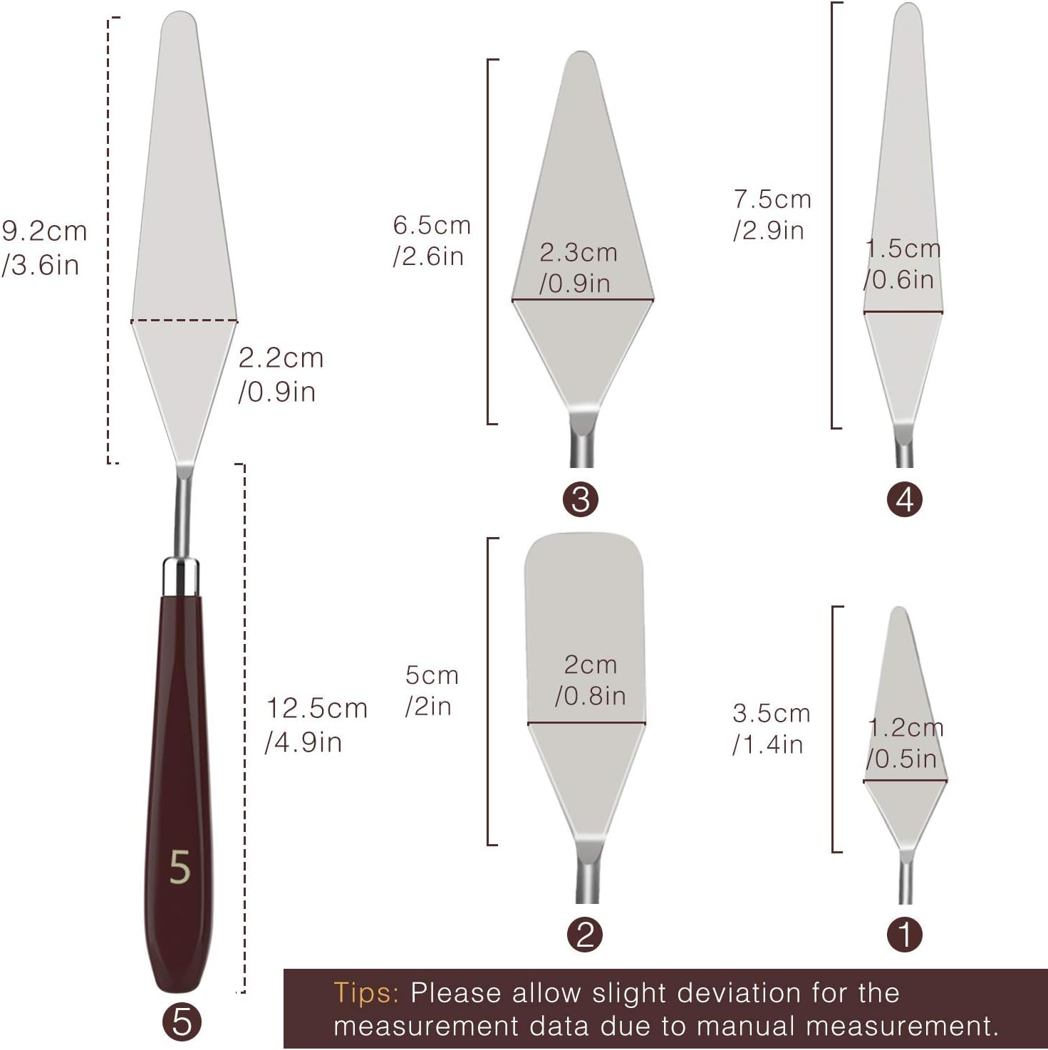 MoKo 5 Pieces Stainless Steel Palette Knife Set, Thin and Flexible Art Tools with Wooden Handle for Oil Painting, Color Mixing, Thick Application Acrylic Painting, Reddish Brown