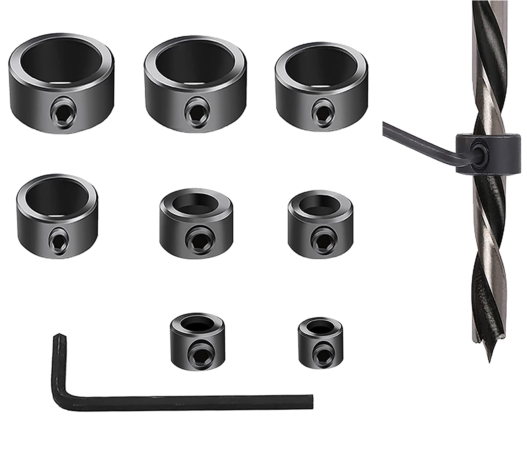 9 Pcs Drill Depth Stop Set - Ring Drill Bit, Positioner Spacing Ring, Locator with Hexagon Wrench for Woodworking, Black (3/4/5/6/8/10/12/16mm)