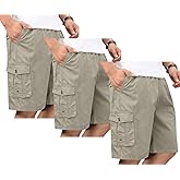 YangguTown Men's Casual Twill Cargo Shorts Zip Fly Cotton Elastic Waist Loose Fit Drawstring Short