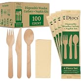 Dtocs Wooden Cutlery Set Disposable Wrapped 100 Kits, Wooden Utensils | Smooth, Splinter-Free Sturdy Wooden Spoons &amp; Forks, Unbleached Napkin, Wrapped Silverware, Alt Plastic, Bamboo Cutlery Kits