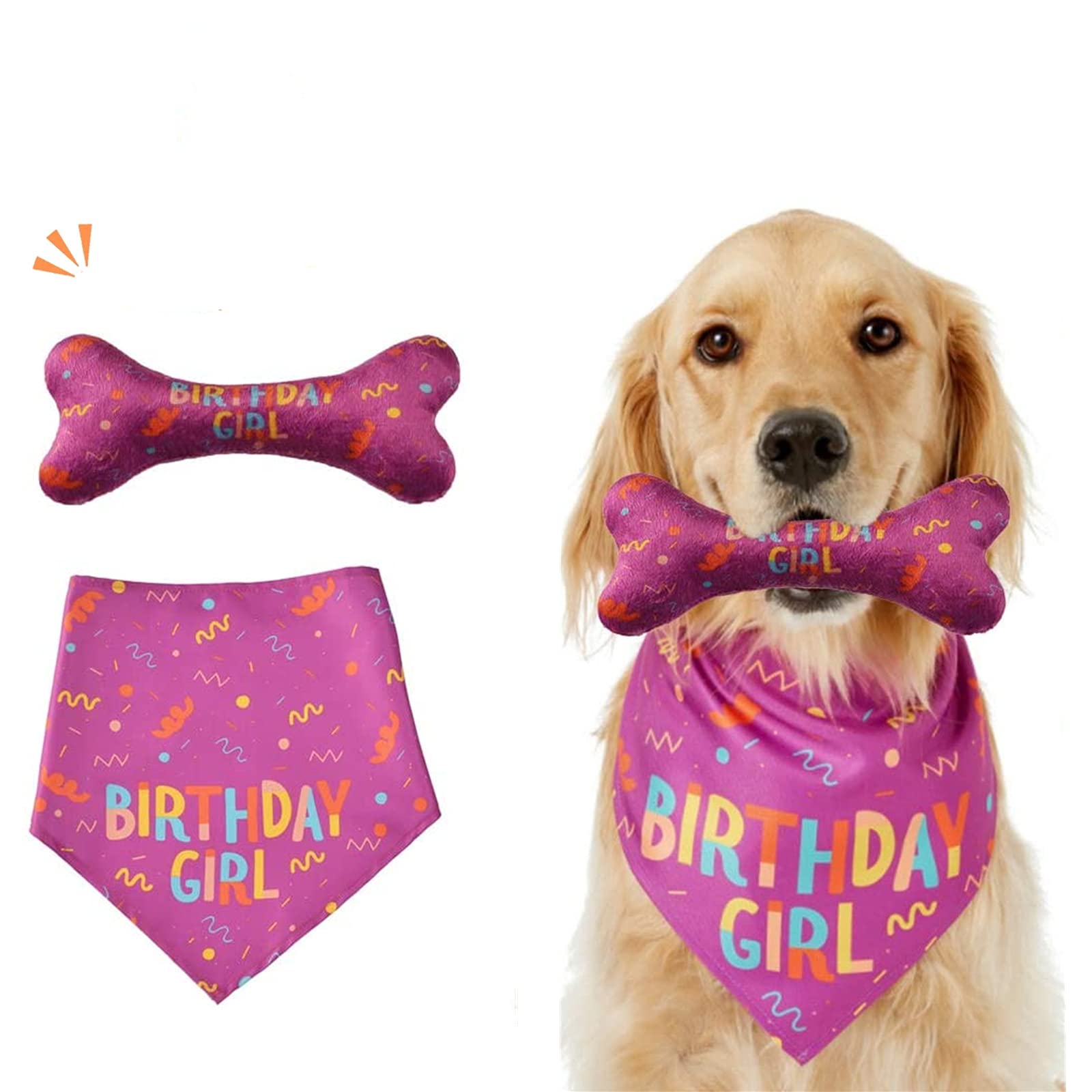 Dog Birthday Bandana Girl Set,Pet Happy Birthday Toy Party Triangle Bibs with Cute Biting Bone Scarf Accessory for Small Medium Large Dogs Cats - Pink