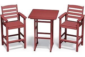 SERWALL Balcony Adirondack Chairs and Table 3 Pieces Set, Adirondack Bar Height Chairs Set of 2 and Bar Table, Outdoor Bar Stools Set for Bistro, Poolside, Backyard, Red