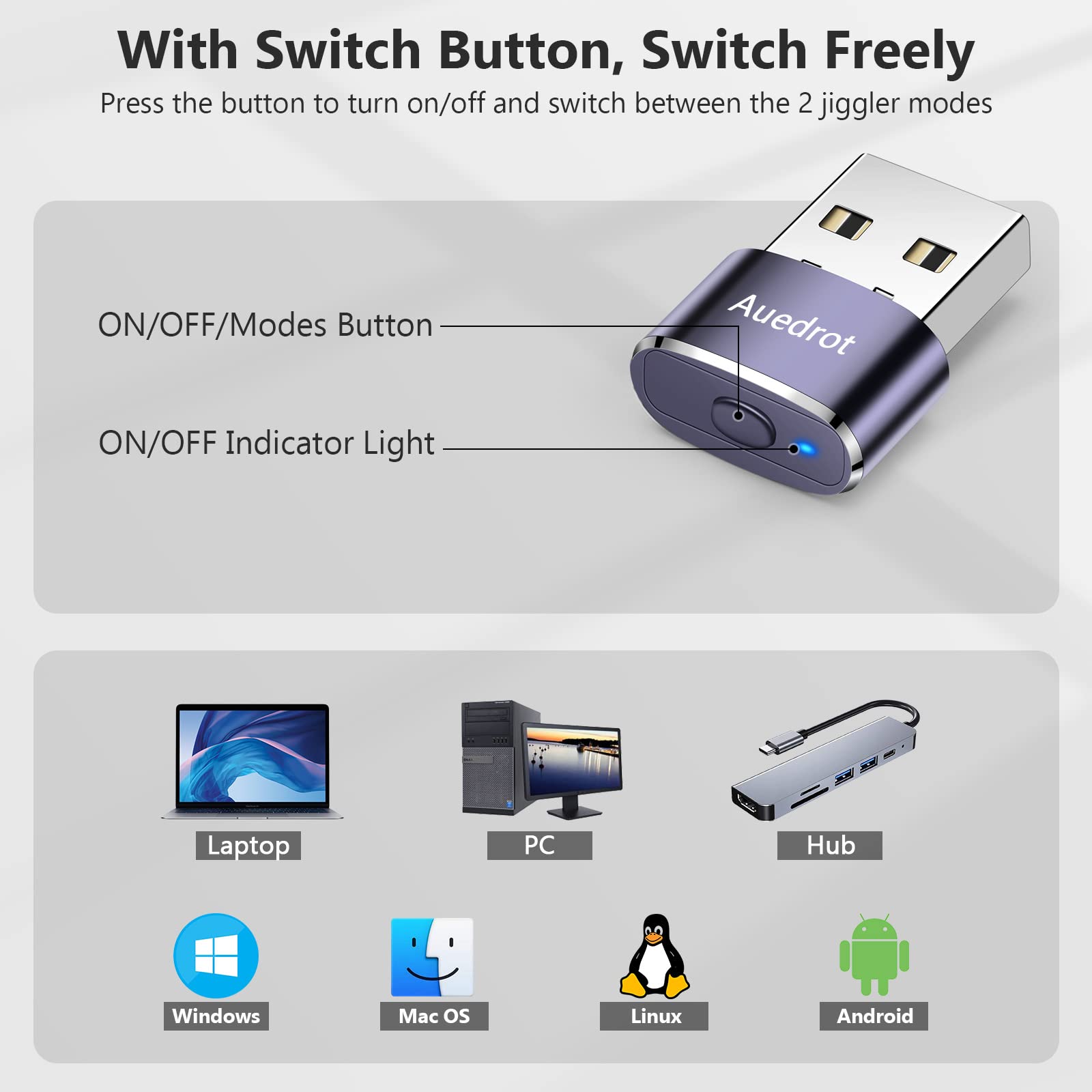Auedrot USB Mouse Mover with Switch Button, Automatic Mouse Jiggler with 2 Modes, Keep Computer/Laptop Awake - Purple