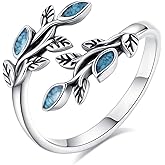 Vito 925 Sterling Silver Adjustable Leaf Rings for Women Men, Turquoise Oliver Leaves Open Band Ring Moonstone Tree of Life Moon Ring Jewelry Gift for Wedding Engagement