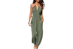 CUPSHE Women's Plunge Halter Sleeveless Pleated Long Romper Knit Jogger Maxi Jumpsuit with Pockets