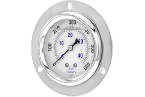 PIC Gauges PRO-204L-254K Panel Mount Front Flanged Glycerin Filled Industrial Pressure Gauge w/ SS Case, Brass Internals, Plastic Lens, 2.5" Dial, 0/600 psi Range, 1/4" Male NPT