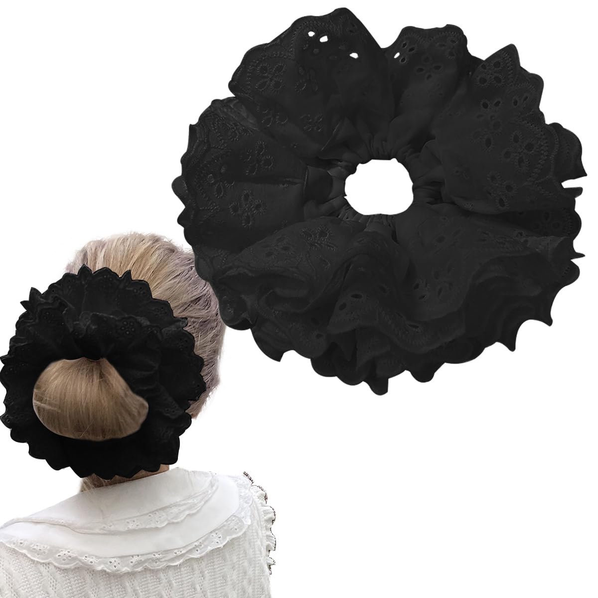 Auswalar Large Black Lace Elastic Hair Ties, Ponytail Holder, Thick Bulk Scrunchies for Ladies Girls
