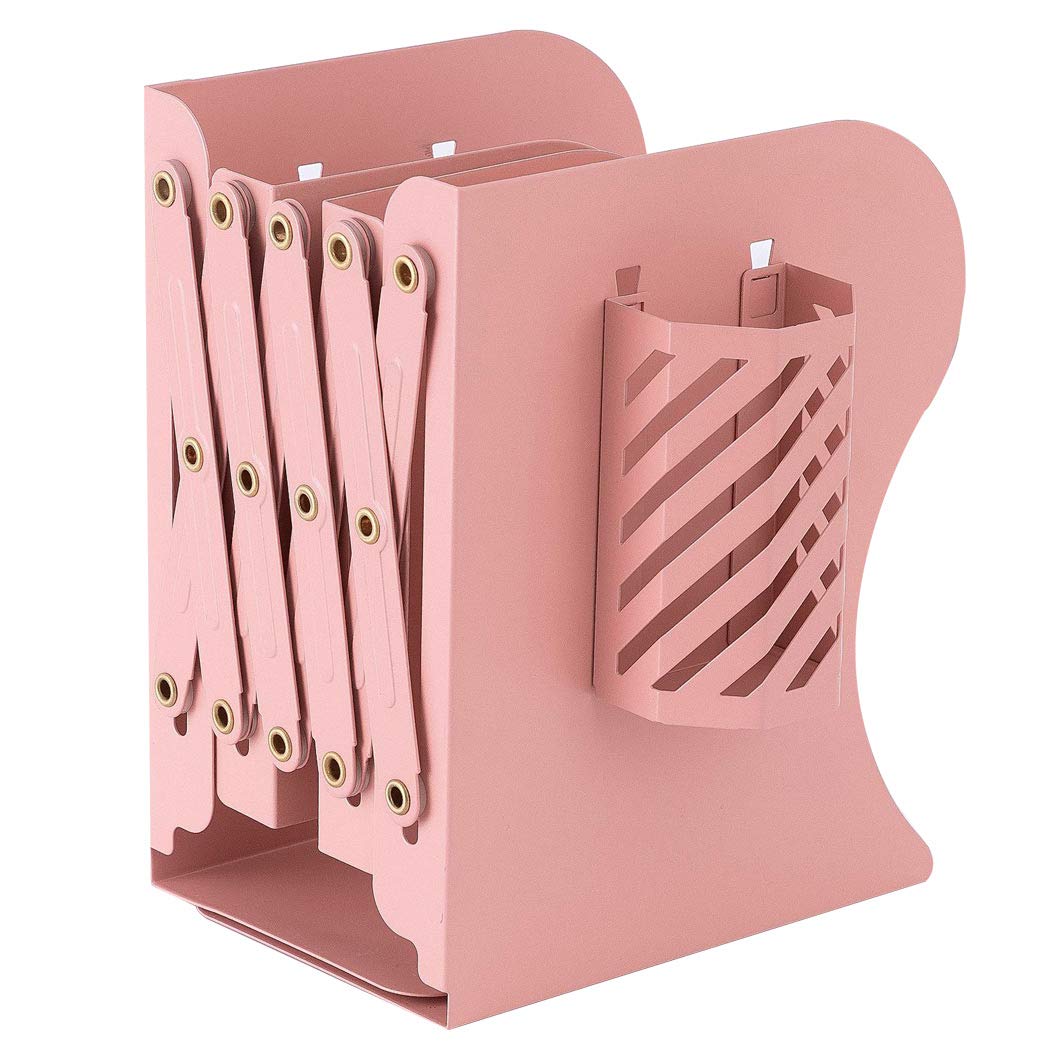 SIPLIV Retractable Bookends Come with Pen Holder, Minimalist Style Metal Adjustable Non Skid Books Holder Stand Book Rack Desk Bookends for School, Library, Home or Office, Pink