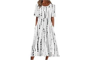 FEANCEY Summer Dresses for Women 2023 Causal V Neck Button Dress Short Sleeve Floral Dress Vacation Long Dress with Pockets