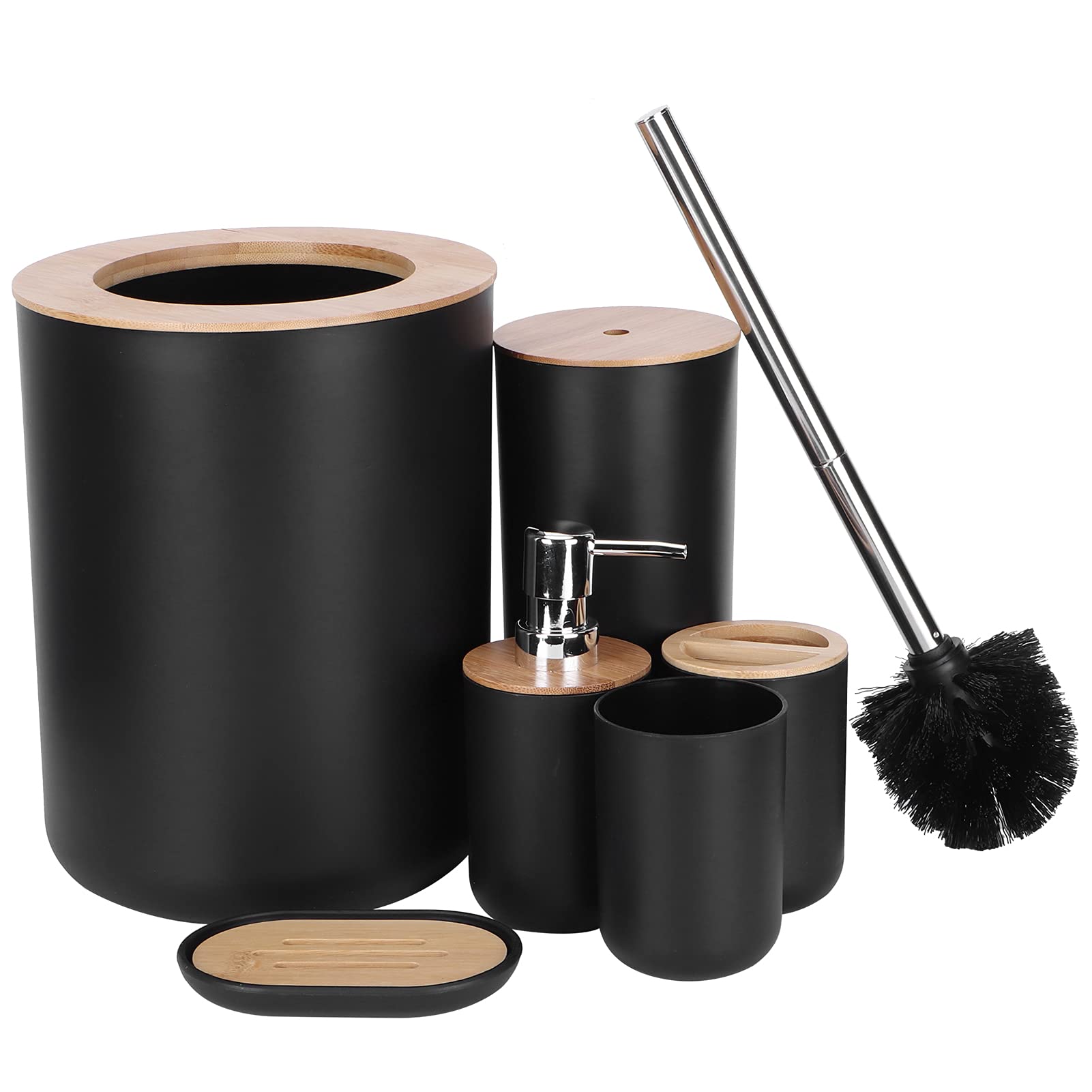 Bathroom Accessories Set, 6 Piece Bamboo Wood Plastic Bath Ensemble, Housewarming Gift Includes Toothbrush Holder, Toothbrush Cup, Soap Dispenser, Soap Dish, Toilet Brush, Trash Bin (Black)