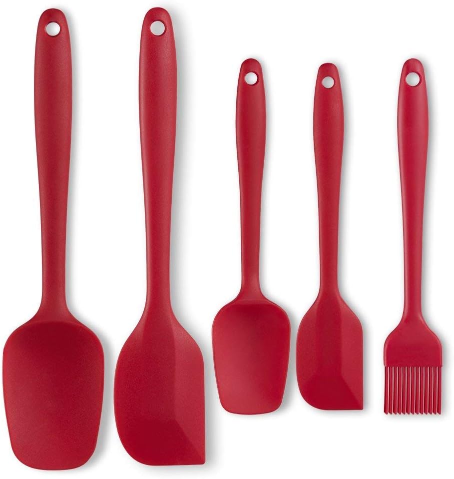 KONSANY Silicone Spatula Set Silicone Kitchen Utensils Set Silicone Brush Heat Resistant Food Grade Non-Stick, for Cooking Baking Cake Decorating, Rubber Spatula Turner Spoonula, Set of 5 (Red)