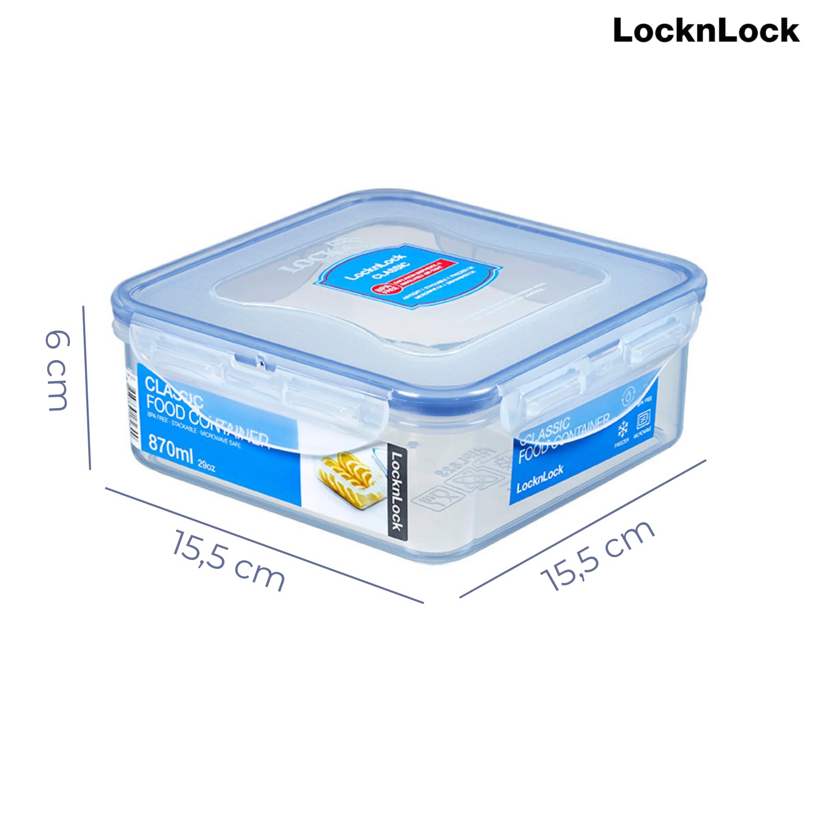 LocknLock CLASSIC Frischhaltedose | 870 ml | 15,5 x 15,5 x 6 cm | 100 % luft- und wasserdichte Vorratsdose | Spülmaschinen-, und Mikrowellengeeignet | BPA-Frei | 4-fach Sicherheits-Verschluss 2