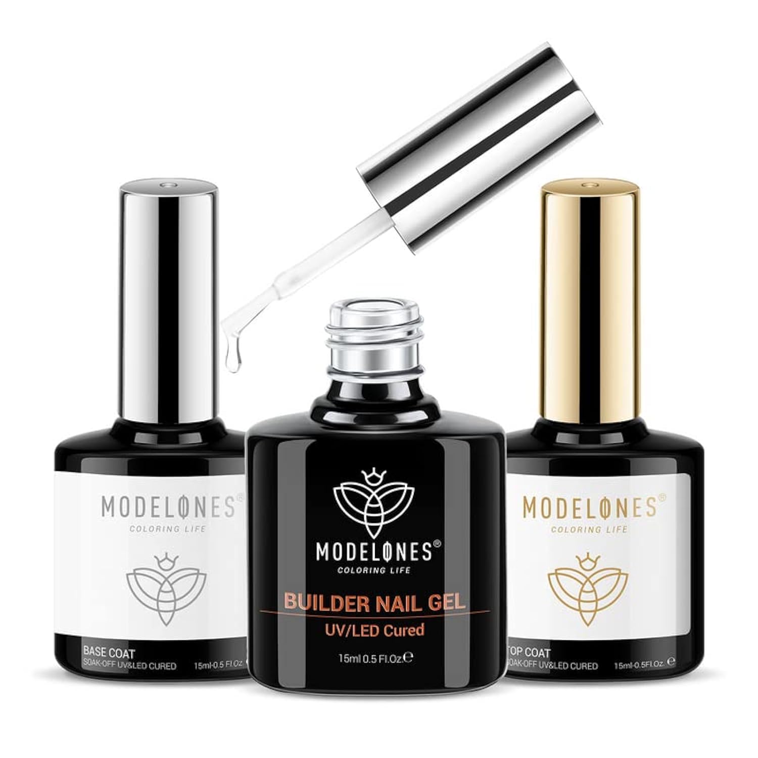 modelones Builder Nail Gel with Gel Top and Base Coat, 3Pcs Clear Builder Nail Kit for Thickening Apex Building Extension Rhinestone Gel Tips Glue, U/V LED Lamp Cured for Home DIY Salon Girls