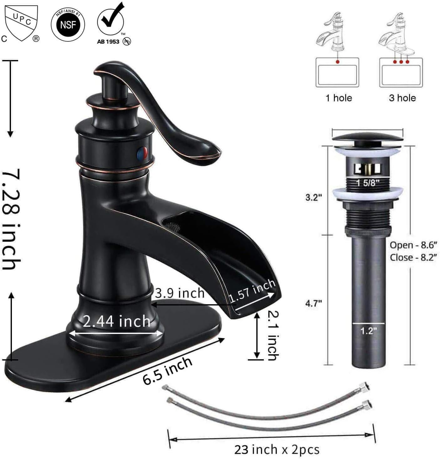 Waterfall Bathroom Faucet Oil Rubbed Bronze Sink with Pop Up Drain Stopper Faucets Single Hole Rustic Vanity Farmhouse Overflow One Handle Bath Black Commercial Assembly Lead-Free by Homevacious - - 
