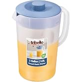 Tribello 1 Gallon Pitcher with Lid, Clear Plastic Water Pitcher with 3-Way Lid, Freezer/Dishwasher Safe, and BPA Free (1 Gallon)