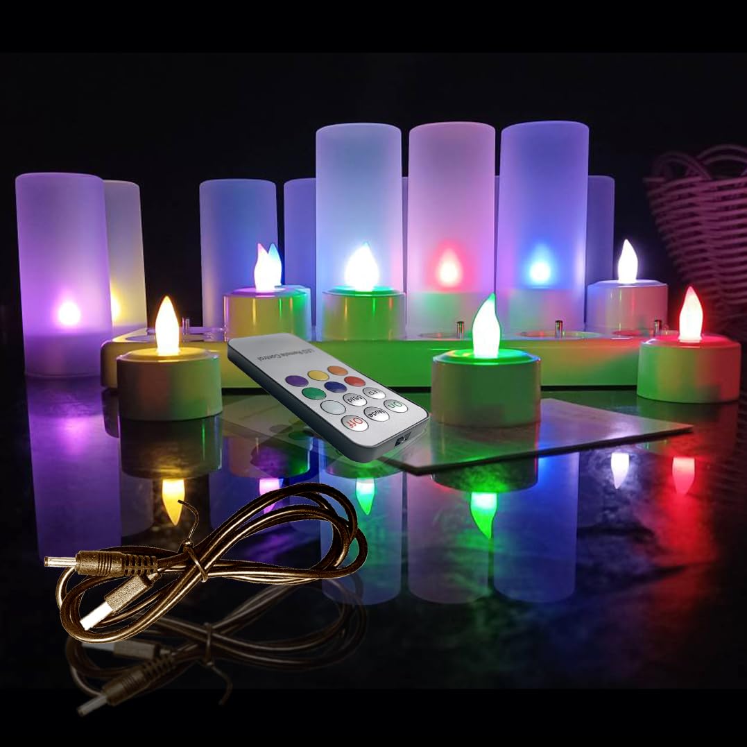 Flameless Candles 12pcs Rechargeable Tea Candles LED Flickering Tea Lights, 12 Frosted Cups with Charging Base for Valentine's Day Christmas Halloween Wedding Outdoor Party Decor (RGB Remote Control)