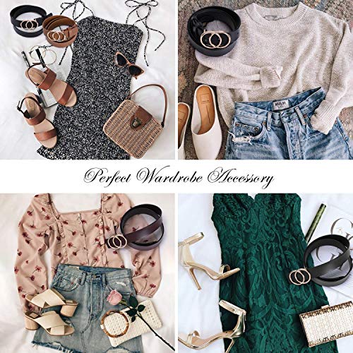 WERFORU Ledergürtel für Damen mit Goldene Schnalle Mode Doppel Rund Schnalle Gürtel Vintage Llässiger Hüftgürtel Taillengürtel für Jeans Hosen Kleider schwarz