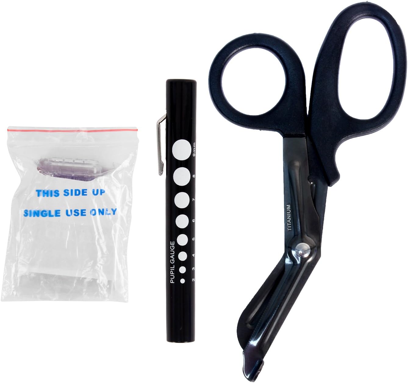 MediTac Autoclavable Titanium Bonded Bandage Shears, Disposable Black Pen Light, & CPR Barrier With One Way Valve