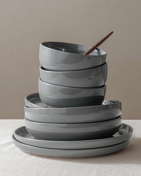 FAMIWARE MILKYWAY PLATES AND BOWLS SET, 12 PIECES DINNERWARE SETS, DISHES SET FOR 4, DARK GRAY