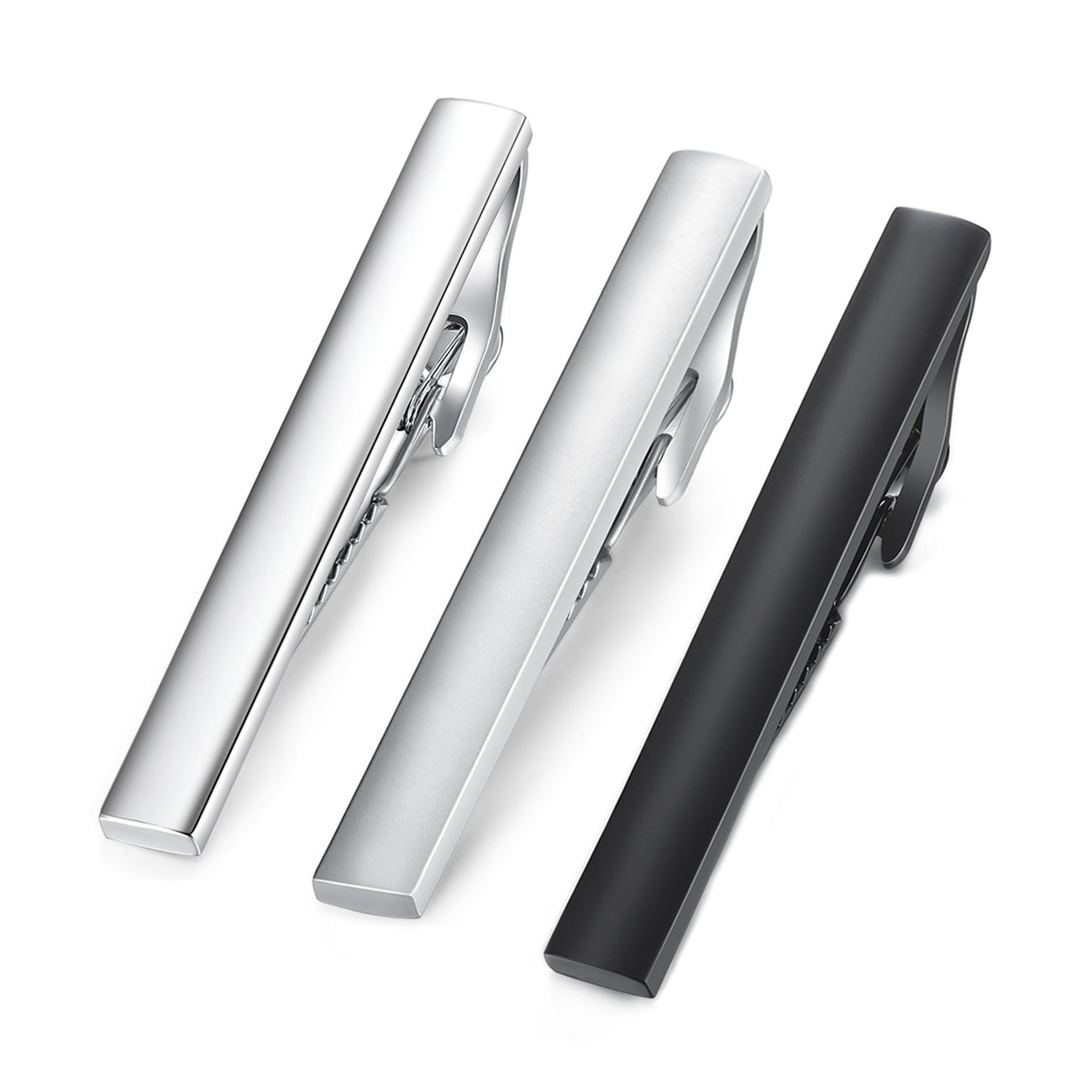 HONEY BEAR 2.12" 3pcs Set Mens Tie Clips Set Tie Bar for Normal Size Tie for Business Wedding Gift,5.4cm (Shinny+Matte Silver+Black without box)