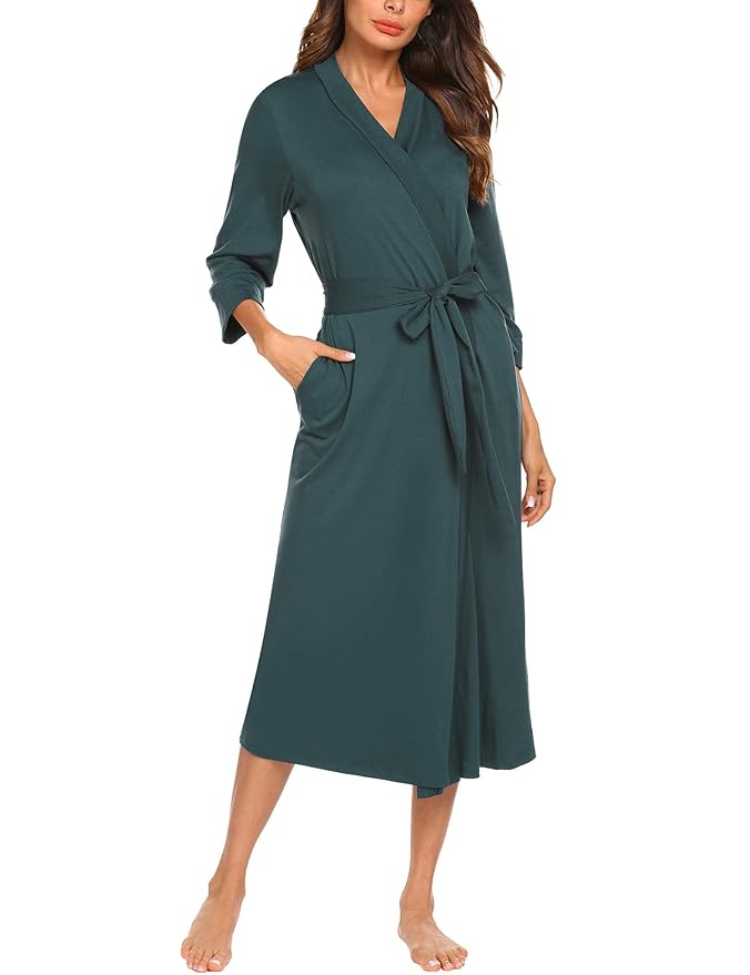 Unibelle Damen Morgenmantel Dünn aus Baumwolle 3/4 Ärmeln Bademantel Nachtwäsche Kimono Saunamantel mit Tiefer V-Ausschnitt S